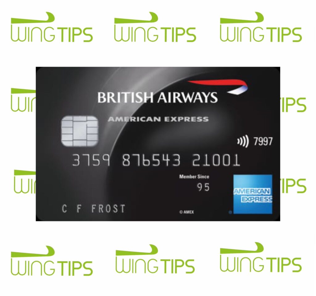 a credit card with a credit card and wings British Airways American Express Premium Plus credit card.