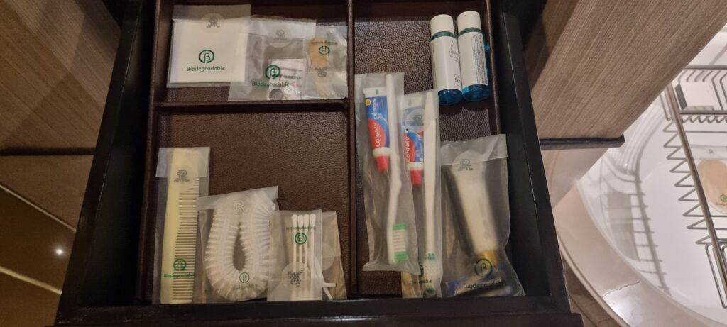 a bathroom items in a drawer