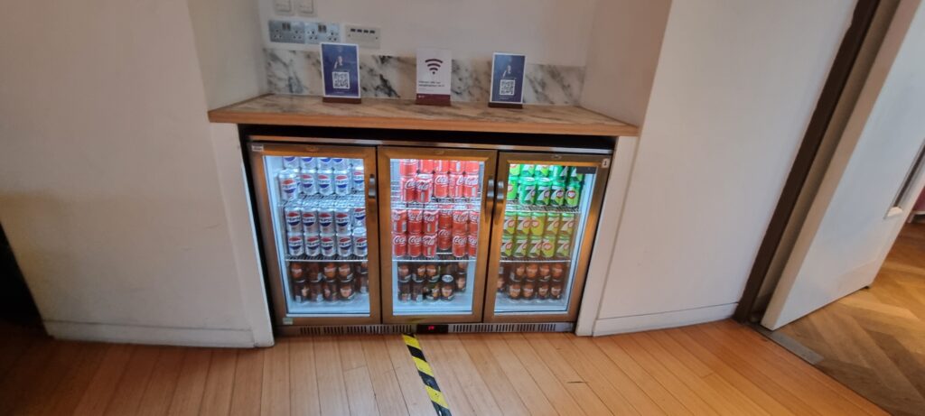 a refrigerator with drinks in it Review Plaza Premium Gatwick