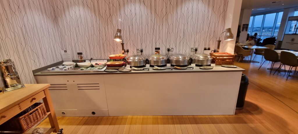 a buffet table with food on it