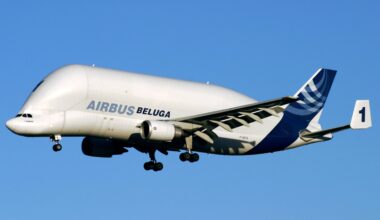 a white and blue airplane in the sky Beluga Airplane