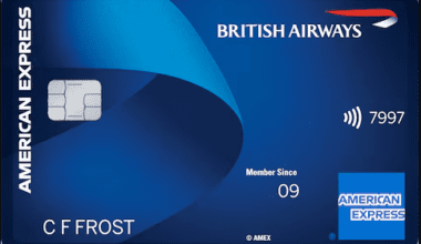 a blue credit card with a blue and white design Amex BA Free