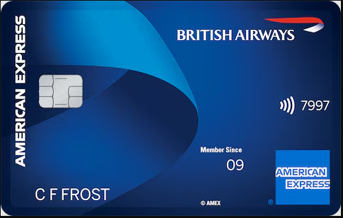 a blue credit card with a blue and white design Amex BA Free