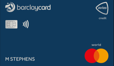 a blue credit card with white text and red circle Barclaycard avios