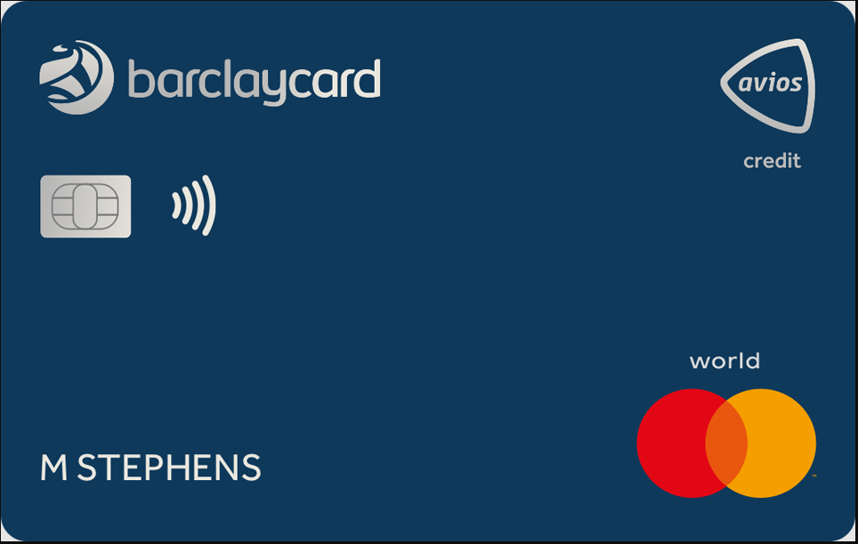 a blue credit card with white text and red circle Barclaycard avios