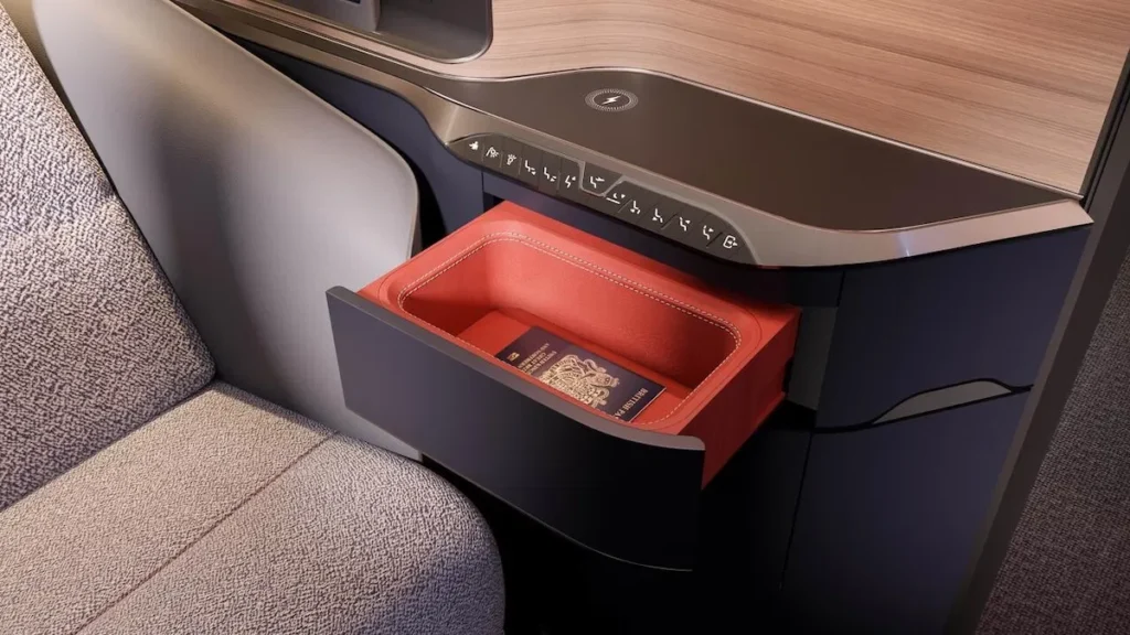 a red box in a drawer British Airways first class