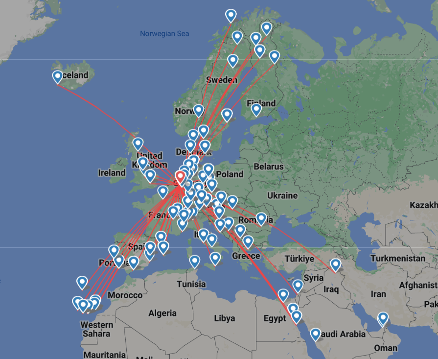 a map of the world with points Eurowings