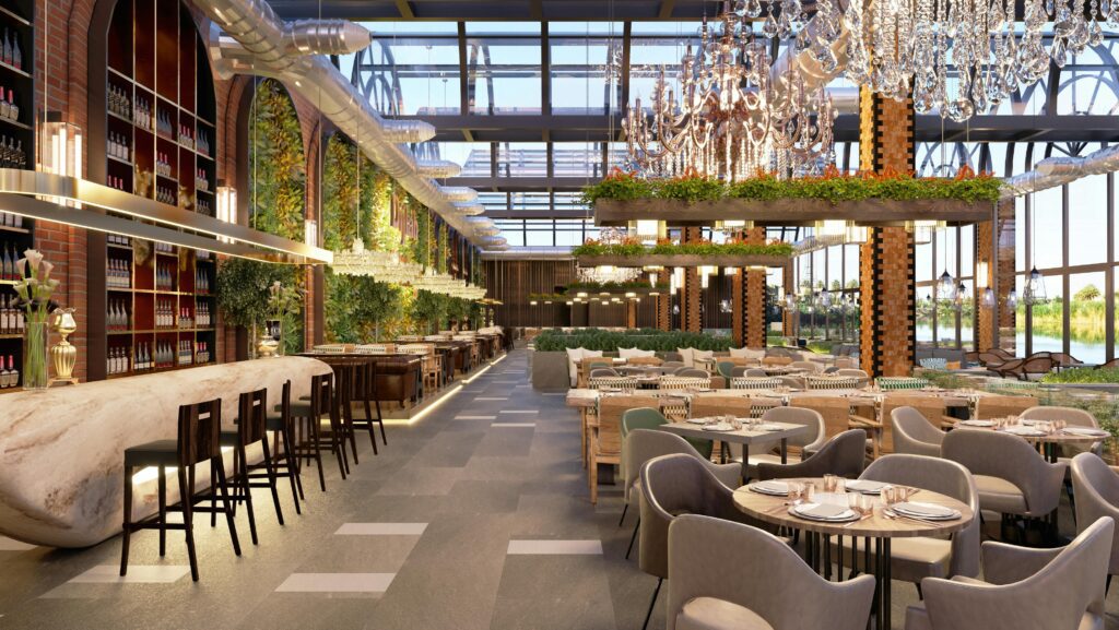 a restaurant with tables and chairs Hilton Honors Lounge