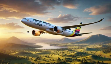 an airplane flying over a landscape Uganda Airlines Gatwick