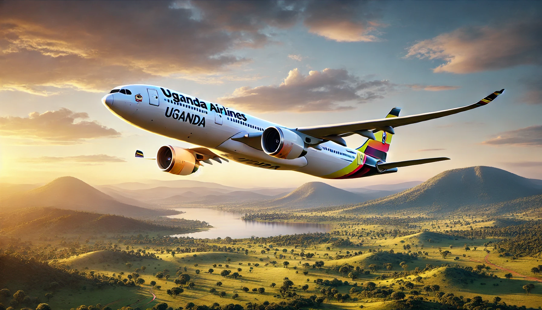 an airplane flying over a landscape Uganda Airlines Gatwick