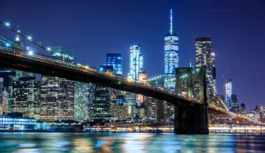 a bridge over water with city skyline at night Virgin Hotels New York