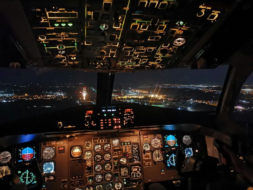 a cockpit of an airplane at night cameras in aircraft cockpits