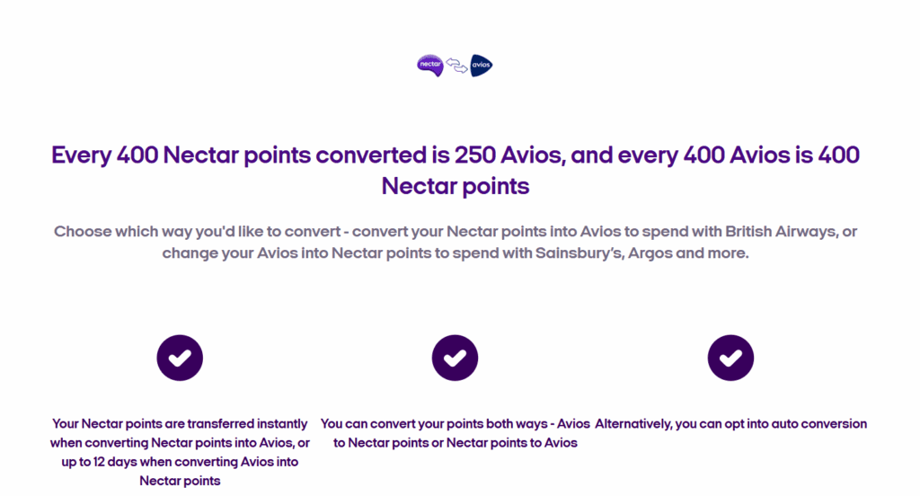 a screenshot of a web page Nectar Avios conversion bonus