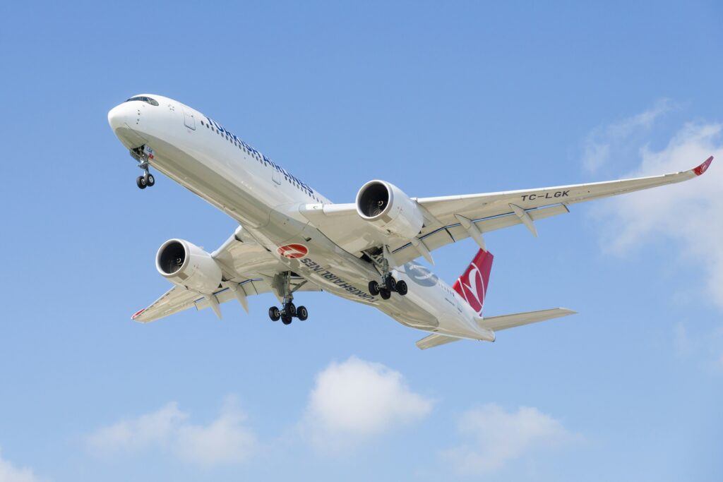 a white airplane in the sky Turkish Airlines Boeing order